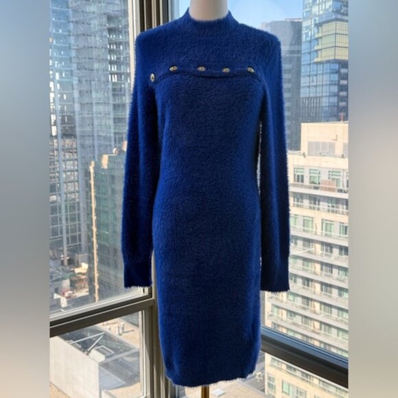 🆕 VERSACE JEANS COUTURE 🧿 NWOT Royal Blue Faux Fur Knit Dress, Buttons - Sz XL - Picture 11 of 16